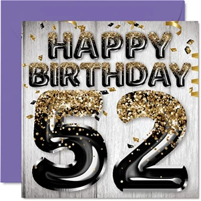 Afbeelding van Verjaardagskaart 52e verjaardag mannen Zwarte en gouden glitter ballonnen Verjaardagskaarten voor 52 jaar, papa, opa, grootvader, grootoom, 145 mm x