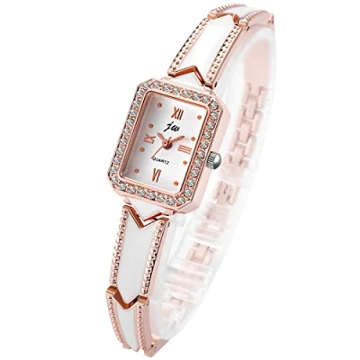Afbeelding van JewelryWe Dameshorloge van roestvrij staal zilver en goud met ronde wijzerplaat strass steentjes, Roségoud vierkant