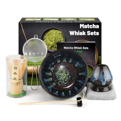 Afbeelding van matcha gardeset, garde, Japanse theeset met bezem, kom en keramische bezemhouder, lepel, zeef, theedoek