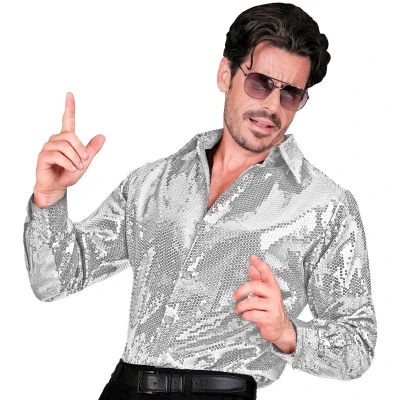 Afbeelding van Widmann Jaren 80 &amp; 90 Kostuum Love To Shine Pailletten Overhemd Zilver Man XXL Carnavalskleding Verkleedkleding