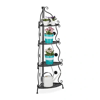 Afbeelding van plantenrek hoek 4 etages binnen buiten metaal 113,5x31x31 cm zwart