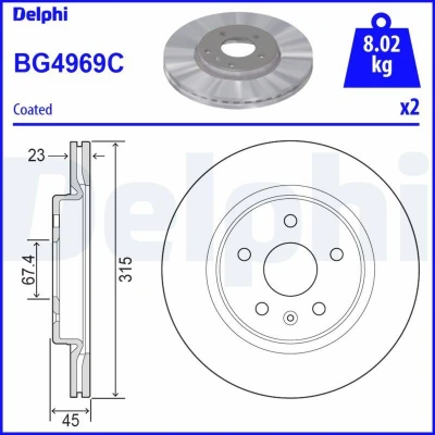 Afbeelding van DELPHI BG4969C Remschijf 315 23 5 Geventileerd Gecoat Semi finished Zonder wiellager, ABS sensorring OPEL: Insignia B Sports Tourer