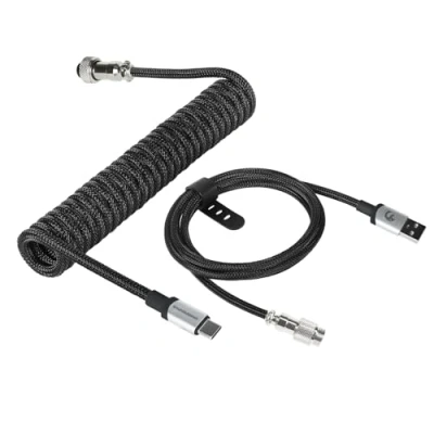 Afbeelding van MAMBASNAKE C01Pro Câble USB C Spiralé pour Clavier de Jeu, Cable Tressé Mécanique in Braided Nylon avec Aviateur en Métal Amovible, Type vers A Noir