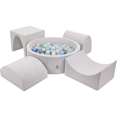 Afbeelding van KiddyMoon Schuim Speelplein met rond ballenbad (300 ballen) voor kinderen, licht grijs: Parel/grijs/transparant/babyblauw/mint