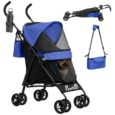Afbeelding van PawHut Opvouwbare kinderwagen voor honden en katten tot 4 kg, met netvenster, schouderriem, opbergtas, bekerhouder, paraplu katten, donkerblauw