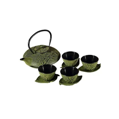 Afbeelding van lachineuse Theeservies van gietijzer bamboe 1 theepot, 4 gietijzeren kopjes &amp; zeeffilter Inhoud 0,8 l Japanse Aziatische decoratie Cadeau idee Japans servies Kleur: groen