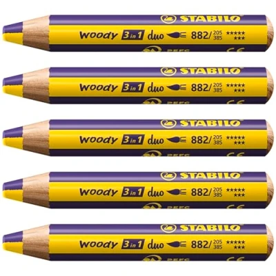 Afbeelding van STABILO woody Duo kleurpotloden, aquarel en waskrijt, 3 in 1, duo, tweekleurige vulling, geel/paars, 5 stuks