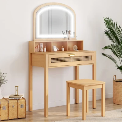 Image de Coiffeuse EDHEN avec miroir LED, 1 tiroir, 3 niches et tabouret cannage bois