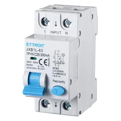 Afbeelding van Differentiële magnetothermische schakelaar 300 mA, 1P+N 6KA 220V, neemt 2 DIN modules, RCBO 1P + N 300mA C25 25A