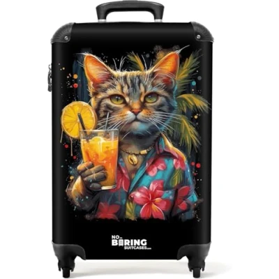 Afbeelding van NoBoringSuitcases.com® Handbagage koffer lichtgewicht Reiskoffer trolley Kat in tropische street art stijl Rolkoffer met wieltjes Past binnen 55x40x20 en 55x35x25