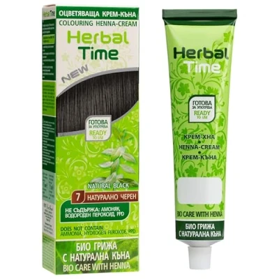 Afbeelding van Herbal Time Haarkleurcrème met henna, natuurlijk, dekt wit haar, semi permanente haarkleur, zonder ammoniak, sulfaten en parabenen, natuurlijk zwart 7, 75 ml