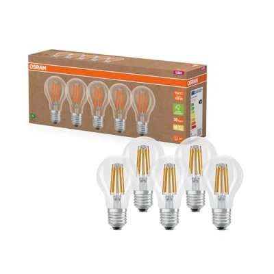 Afbeelding van OSRAM Lampes LED très efficaces avec classe d&#039;efficacité énergétique A, Pack avantage 5 ampoules, remplace les ampoules à incandescence 100W, blanc chaud, E27,verre filament