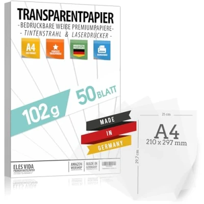 Afbeelding van 50 vellen transparant DIN A4 papier, premium 102 g, om zelf te bedrukken, knutselen, lantaarnpapier, afpauspapier, transferfolie voor tafelkaarten en lantaarns knutselen uit Duitsland