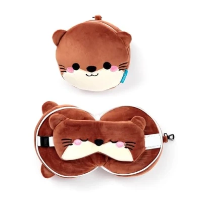 Afbeelding van Relaxeazzz Otter het Slaaphoofd knuffel/reiskussen/slaapmasker 2 in 1 set voor kinderen vliegtuig of auto