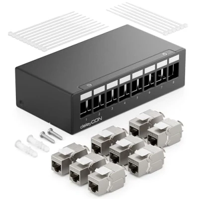 Afbeelding van deleyCON 8 Poorten CAT7 patchpanelenset met x CAT.7 RJ45 module Jack Keystone STP 10 Gbit/s compatibel CAT6 CAT6a CAT8 Ethernet LAN DSL netwerkkabel zwart