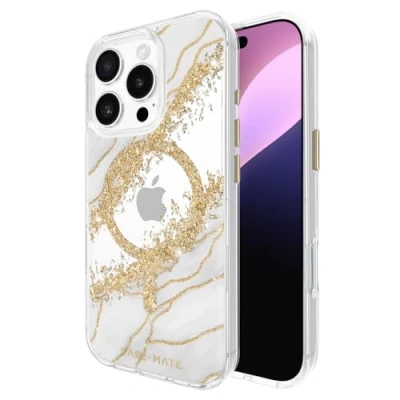 Afbeelding van Case Mate Karat Granite geschikt voor iPhone 16 Pro Compatible met MagSafe Graniet Marmer Goud Telefoonhoesje 3 meter valbescherming