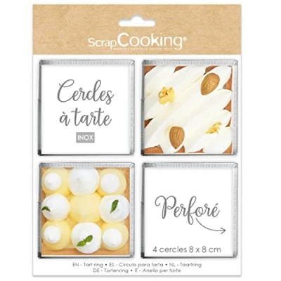 Image de Pack de 4 cercles à tarte individuels perforés Scrapcooking Carré Inox 8 cm