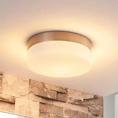 Afbeelding van Lindby Plafondlamp badkamer 1licht glas, metaal H: 6.5 cm E27 wit, gesatineerd nikkel