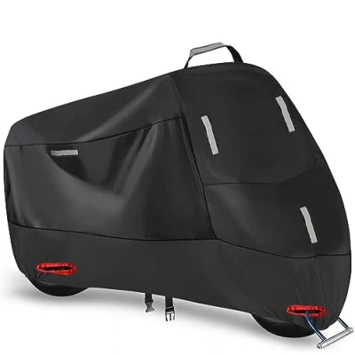 Afbeelding van 300D Waterdichte motorhoes voor buiten, regenbestendige UV stofhoes met 5 reflecterende strepen en 2 vergrendelingsgaten, 1 handvat opbergtas (L: 205 x 95 110 cm)