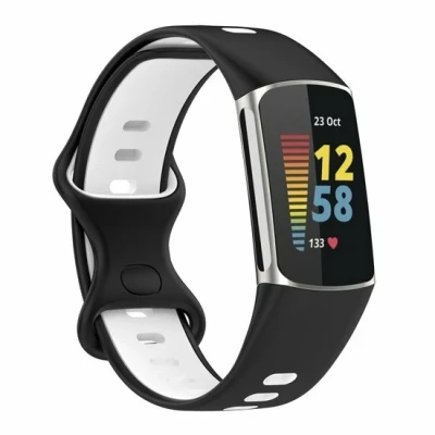 Afbeelding van FitBit Charge 5 &amp; 6 Sportbandje met dubbele lus Zwart / wit Tweekleurig Maat: L