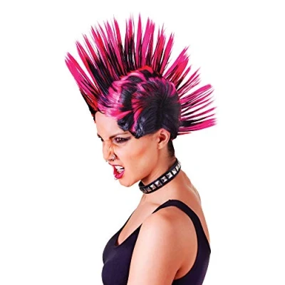 Afbeelding van Mohican damespruik roze en zwart, 1 stuk. Opvallend design, perfect voor muziekfestivals, feesten, speciale evenementen enz