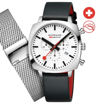 Afbeelding van Mondaine MSL.41410.LBV Cushion Unisex Horloge Stationsklok Chronograaf Mineraalglas Staal/Kunstleer Zilver/Zwart 41 mm breed Quartz Gesp