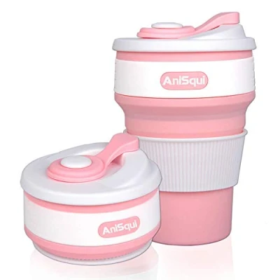 Afbeelding van AniSqui Opvouwbare koffiemok om mee te nemen, (350 ml, 100% voedselveilige siliconen, BPA vrij, opvouwbaar, roze)