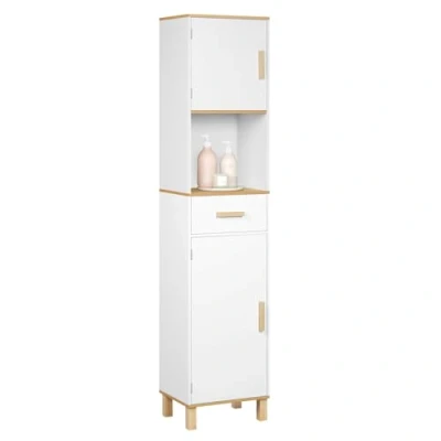 Afbeelding van EUGAD Badkamerkast hoog op voet, opbergkast kolom, witte kast met 4 vakken achter 2 deuren, 1 open vak en lade, MDF, 39 x 30 179 cm