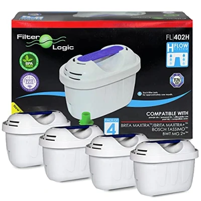 Afbeelding van FilterLogic FL402H Set van 4 filterpatronen compatibel met Brita Maxtra + waterfilter voor Marella Style Flow Elemaris Fun karaf Tassimo
