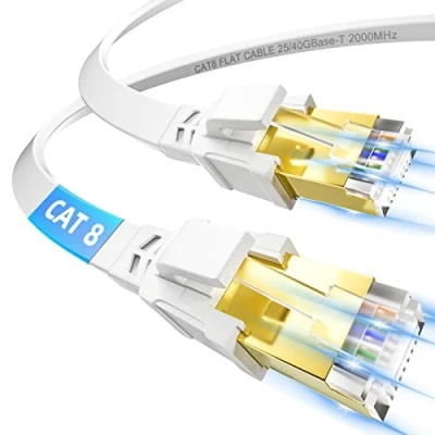 Afbeelding van Ethernetkabel, 5 m, Cat 8, RJ45, plat, netwerkkabel, hoge snelheid, vezel, 40 Gbit/s, 2000 MHz, Gigabit LAN, afgeschermd, internetkabel, wit, voor PS5/4 router, switch, Xbox modem