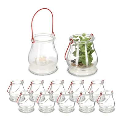 Afbeelding van Relaxdays glazen windlicht set van 12 met hengsel ronde theelichthouders decoratie