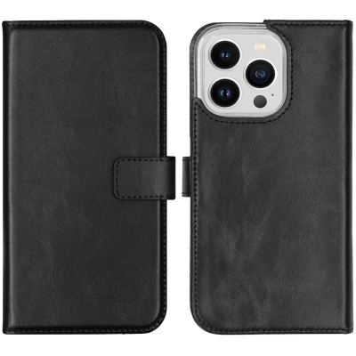 Afbeelding van Selencia Hoesje Geschikt voor iPhone 14 Pro Met Pasjeshouder Echt Lederen Bookcase Zwart