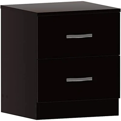 Afbeelding van Zwart nachtkastje met 2 lades, metalen handgrepen en lopers Unieke ladesteun tegen buigen Riano slaapkamermeubilair 56 x 40 36 cm