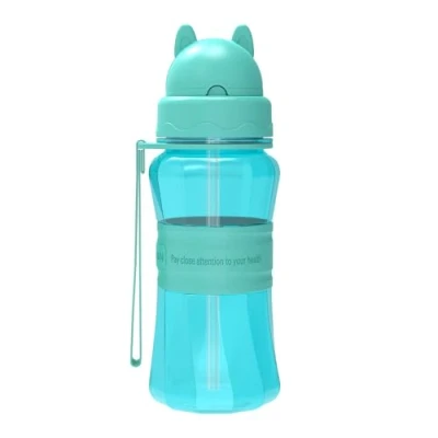 Afbeelding van Drinkfles voor kinderen met rietje, BPA vrij, Tritan, lekvrij, waterfles riem kinderen, school, thuis, wandelen en outdoor activiteiten, lichtblauw