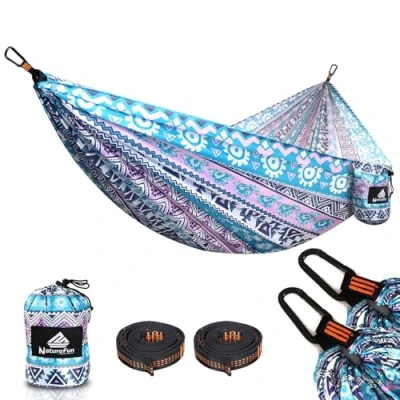Afbeelding van NatureFun Ultralichte campingreishangmat 300 kg draagvermogen, ademend, sneldrogend hangmat (275 x 140 cm) 2 hoogwaardige karabijnhaken, riemen inbegrepen voor binnen/buiten tuin