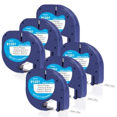 Afbeelding van Doree 6 stuks kunststof labeltape, 12 mm x 4 m, zwart op wit, hoge waterbestendigheid, compatibel met Dymo Letratag LT 100H, 100T, XR, 200B