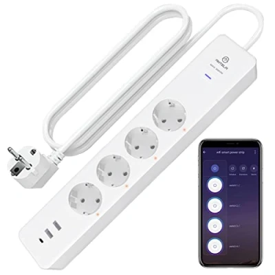 Afbeelding van ANTELA Intelligente stekkerdoos, WLAN, 16 A, 4 stopcontacten en 3 USB, stroomverbruik, compatibel met Alexa/Google Home, app/spraakbediening, tijdfunctie, 1,8 m