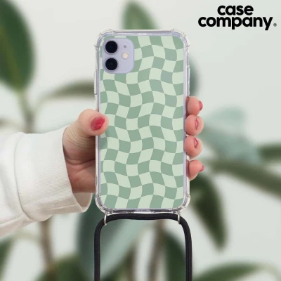 Afbeelding van Case Company® hoesje met Koord geschikt voor iPhone 11 Pro Grid Groen Telefoonhoesje Zwart Extra Bescherming aan alle Kanten en Over de Schermrand