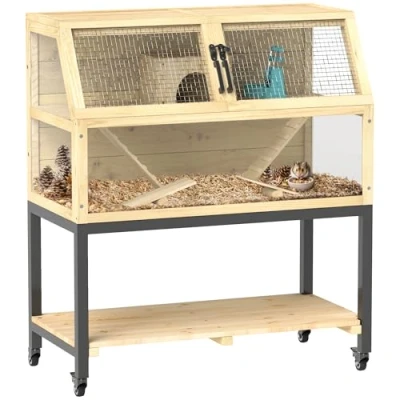 Afbeelding van PawHut cage à hamster nain en Bois 87 x 43 101 cm rongeurs avec plateau de rangement Bouteille d&#039;eau, niche, balançoire, petits animaux roues, rampes naturel