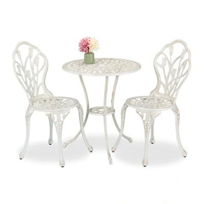 Afbeelding van bistroset 2 persoons tafel en stoelen gegoten aluminium wit brons