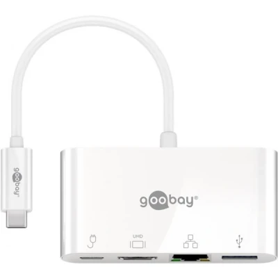 Afbeelding van Goobay USB C multipoortadapter HDMI+Ethernet, PD, wit voegt een Ethernet , HDMI en 3.0 poort toe aan apparaat
