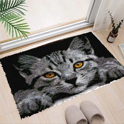 Afbeelding van VIONNPPT Doe het zelf tapijt Schattig kattenpatroon Zelfborduurkussen Onafgewerkt gehaakt met voorbedrukt Hakensets voor kinderen en volwassenen (grijze kat, 60 cm x 40 cm)