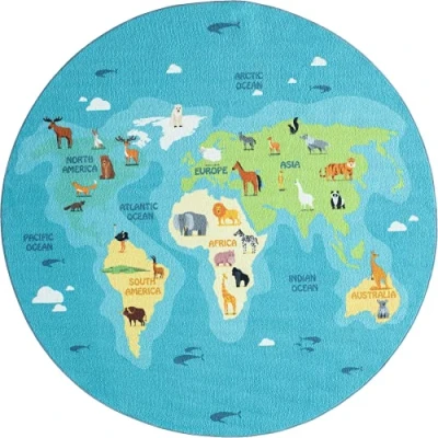 Afbeelding van Vloerkleed kinderkamer Blauw 160x160 cm Afwasbaar Antislip Tapijt voor jongens en meisjes met dieren wereldkaart Happy Life by the carpet