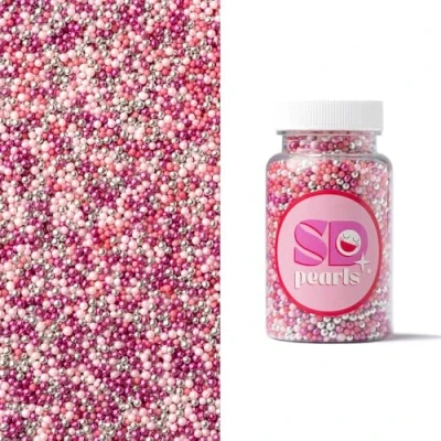 Image de SD Pearls Nonpareilles Mini perles de sucre comestibles 3 mm en rose, blanc et argent pour cupcakes, muffins, tartes biscuits Décoration glamour anniversaire fille table douce (rose