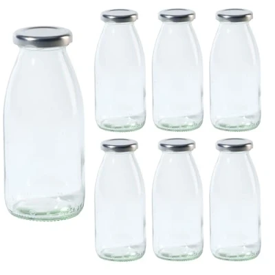 Afbeelding van Vitrea Hansa TO43 Glazen flessen, leeg, 250 ml, met zilveren schroefsluiting, voor melk, sap, smoothies, olie, kleine flessen om te vullen deksel, 6 stuks