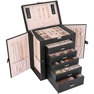 Afbeelding van ProCase Grote Sieradendoos Organizer voor Dames Meisjes, 6 Lagen Display Opbergkoffer Juwelendoos Opslag Houder Case met Laden en Verdelers Oorbellen Kettingen Ringen Armbanden Horloges Zwart