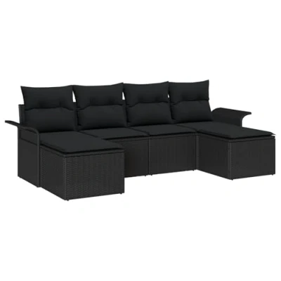 Afbeelding van vidaXL 6 delige tuinset met kussens zwart poly rattan, 2 zits tuinbank opbergruimte en rattan
