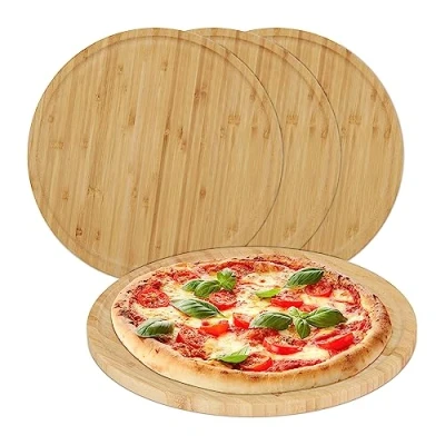 Afbeelding van Relaxdays set van 4 pizzaborden bamboe, Ø 32 cm, serveerplank voor pizza, tarte flambée, kaas, ronde pizzaplaat, natuur,