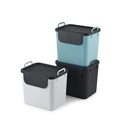 Afbeelding van Jive Set van 3 afvalscheidingssysteem keuken, kunststof (PP gerecycled), donkergrijs/wit/turquoise, x 30 l, (39,8 29,8 50,1 cm),