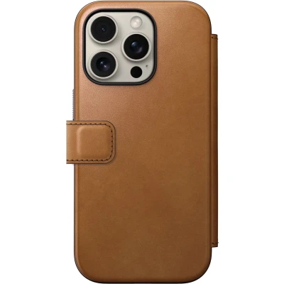 Afbeelding van Nomad Hoesje Geschikt voor Apple iPhone 16 Pro Modern Leather Folio Compatibel met MagSafe en Draadloos Opladen Book Case Pasjeshouder Echt Leer Lichtbruin